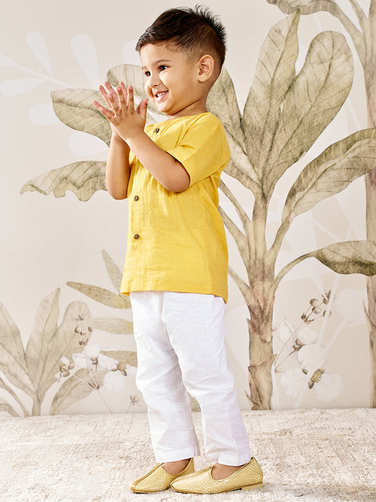 Boys' mustard cotton kurta pyjama set, view 3