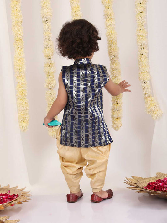 Boy's' Navy Blue Brocade Kurta Dhoti Set