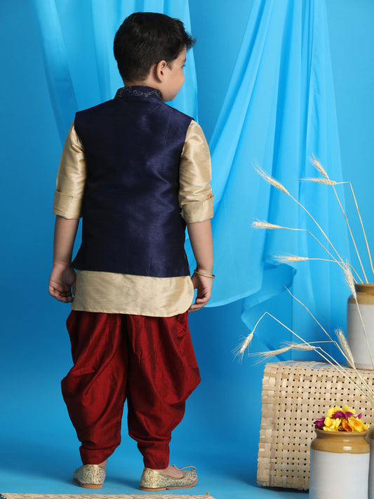 Boy's Navy Blue Embroidered Nehru Jacket With Gold Kurta And Maroon Dhoti Set