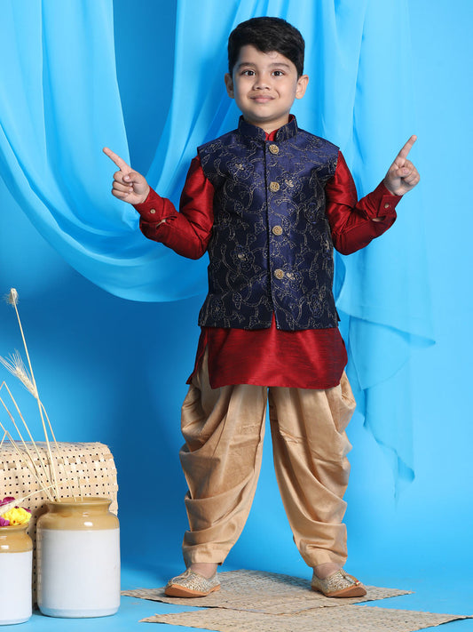 Boy's Navy Blue Embroidered Nehru Jacket With Maroon Kurta And Rose Gold Dhoti Set