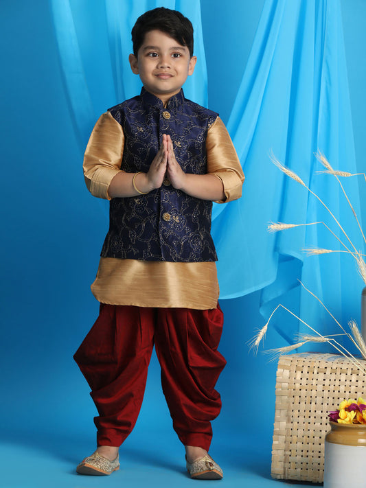 Boy's Navy Blue Embroidered Nehru Jacket With Rose Gold Kurta And Maroon Dhoti Set