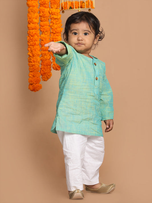 Boys' parrot green cotton kurta with white pyjama set