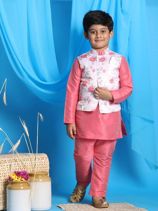 Boy's Peach Floral Print Jacket With Pink Kurta And Pyjama Set