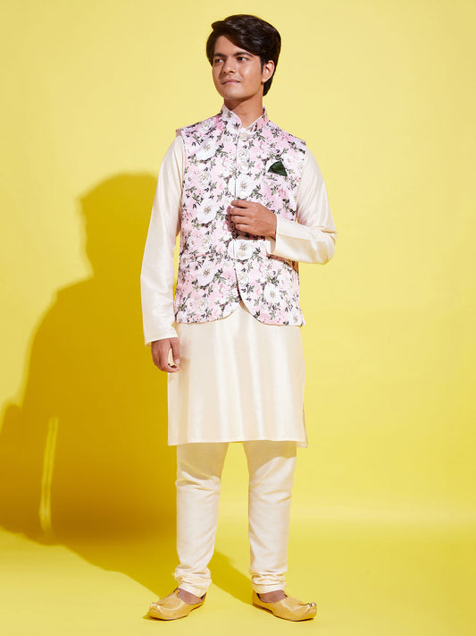 Boy's Pink Floral Printed Nehru Jacket With Cream Kurta And Pyjama Set