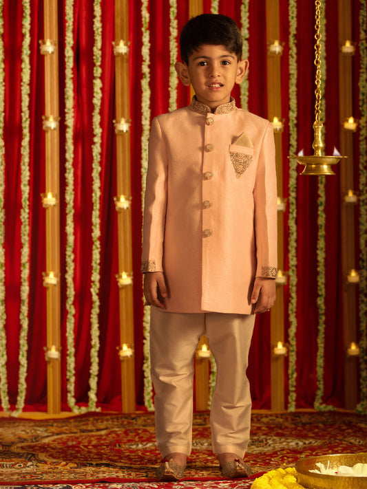 Boy's' Pink Silk Blend Solid Sherwani Set