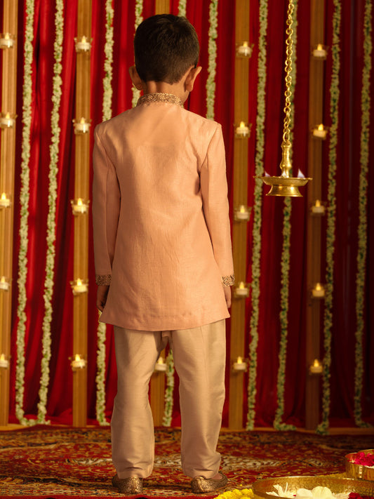 Boy's' Pink Silk Blend Solid Sherwani Set