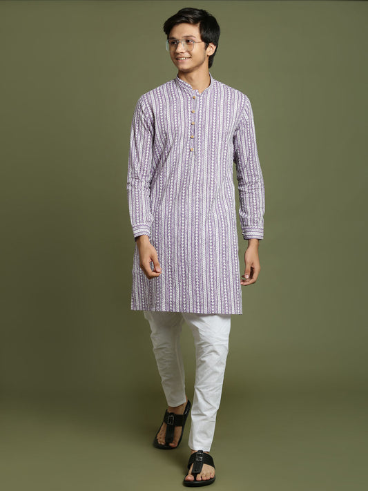 Boy's' Purple Woven Kurta With White Pyjama Set