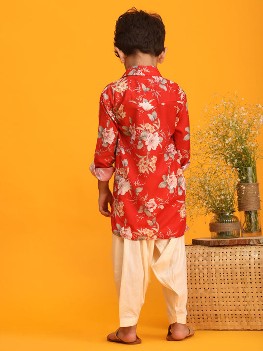 Boy's Red Floral Printed Kurta With Cream Solid Pyjama Set