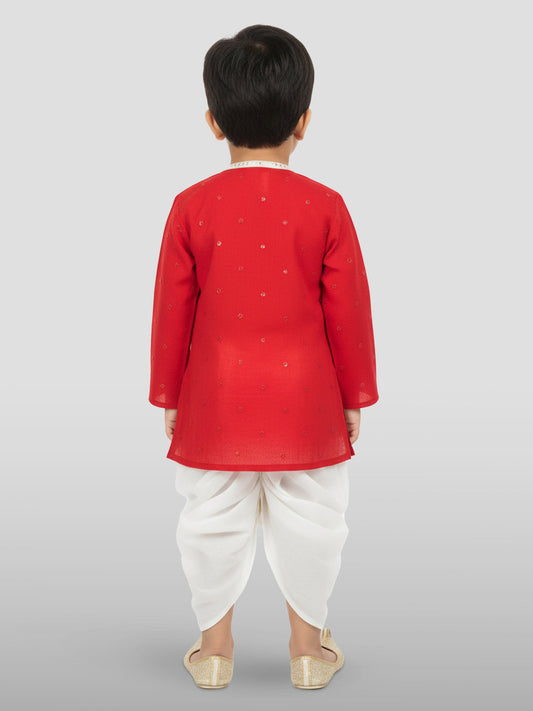 Boys' red kurta and dhoti set, view 3