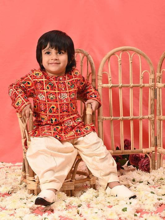 Boys' red patola print festive kurta pyjama set
