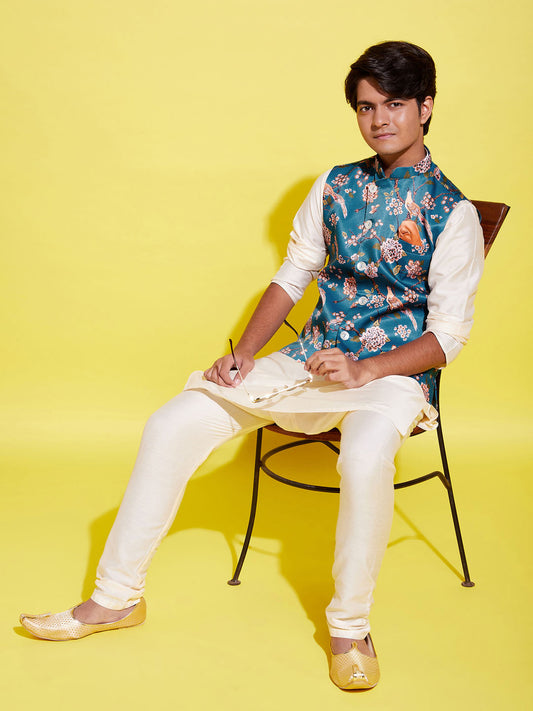 Boy's Turquoise Blue & Green Printed Nehru Jacket With Cream Kurta And Pyjama Set