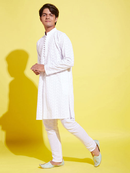Boy's White Embroidered Kurta With Pyjama Set