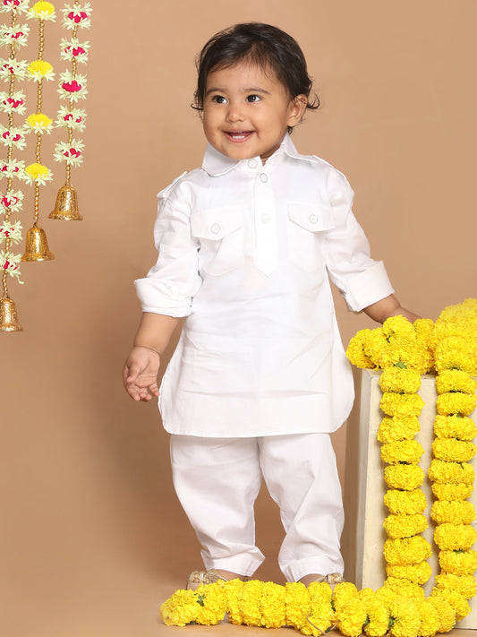 Boy's White Pure Pathani Kurta With Pyjama Set