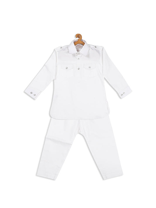 Boy's White Pure Pathani Kurta With Pyjama Set
