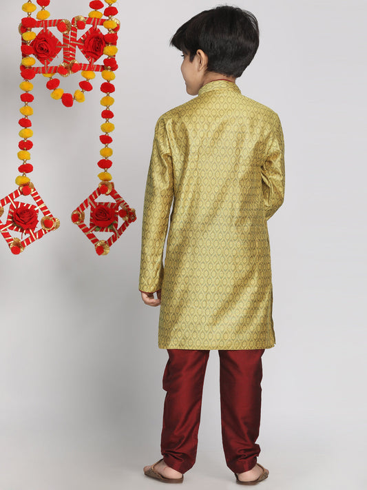 Boy's' Yellow And Maroon Jacquard Kurta Pyjama Set