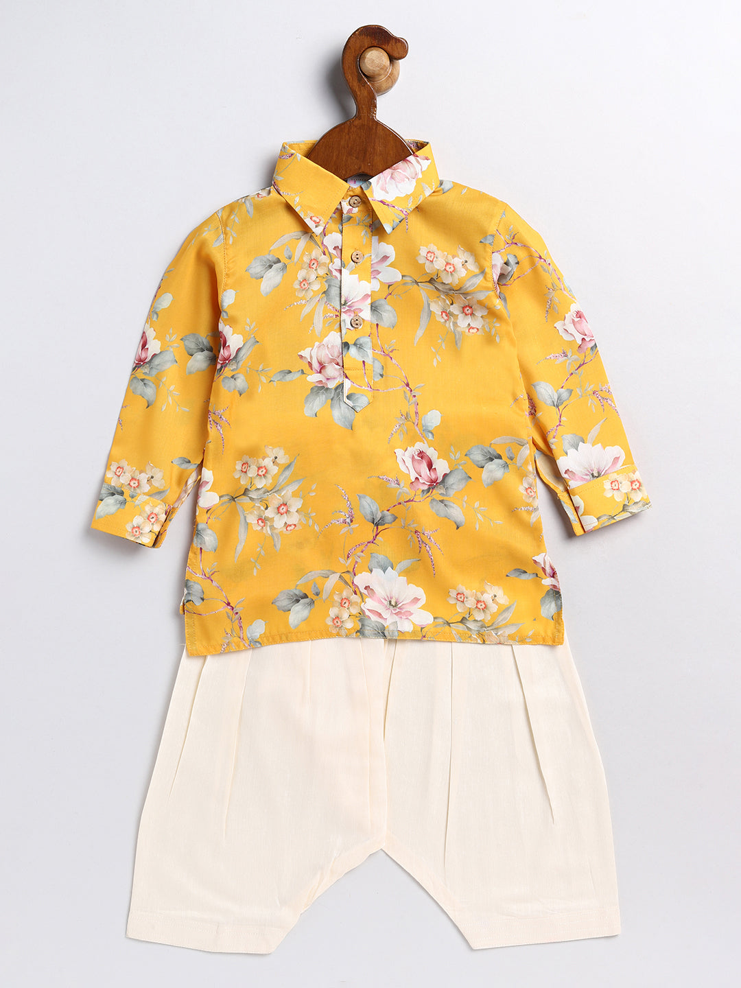 Boy's Yellow Floral Printed Kurta Patiala Set