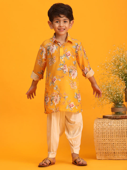 Boy's Yellow Floral Printed Kurta With Cream Solid Pyjama Set