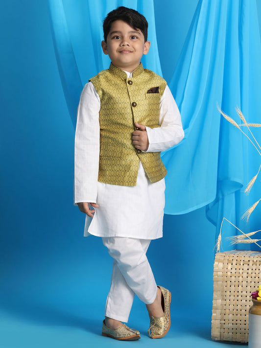 Boy's Yellow Woven Design Nehru Jacket With White Kurta And Pyjama Set