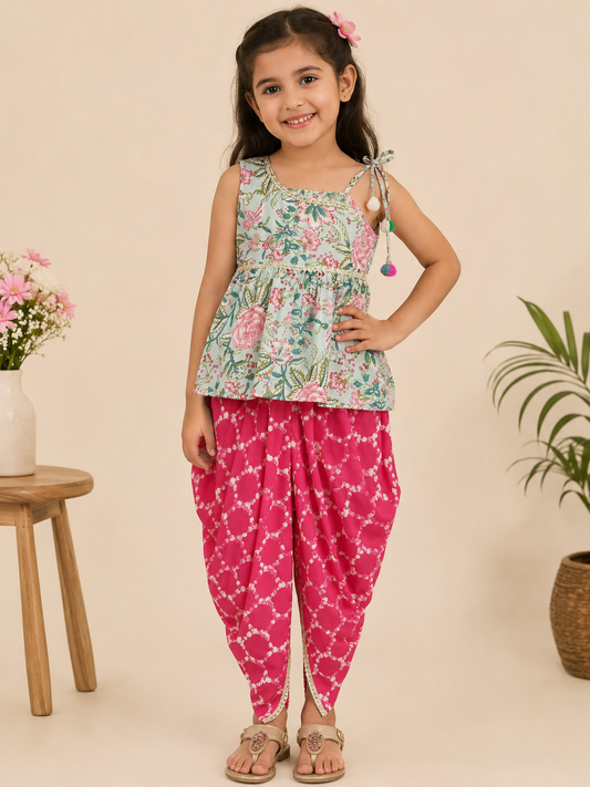 Girls Green & Pink Floral Printed Pure Cotton A-Line Kurti with Dhoti Pants