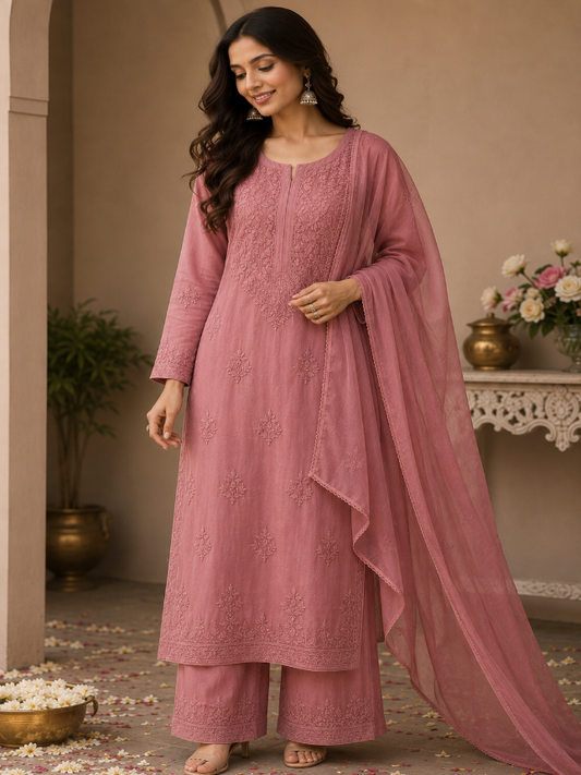 Rayon Cotton Lucknowi Kurta Set - Pastels