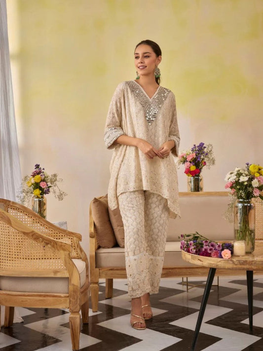 Cream Chic Chikankari Embroidered Kaftan Tunic Co-Ord Set
