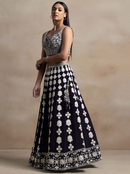 Pretty Dark Purple Thread Work Georgette Reception Wear Lehenga Choli