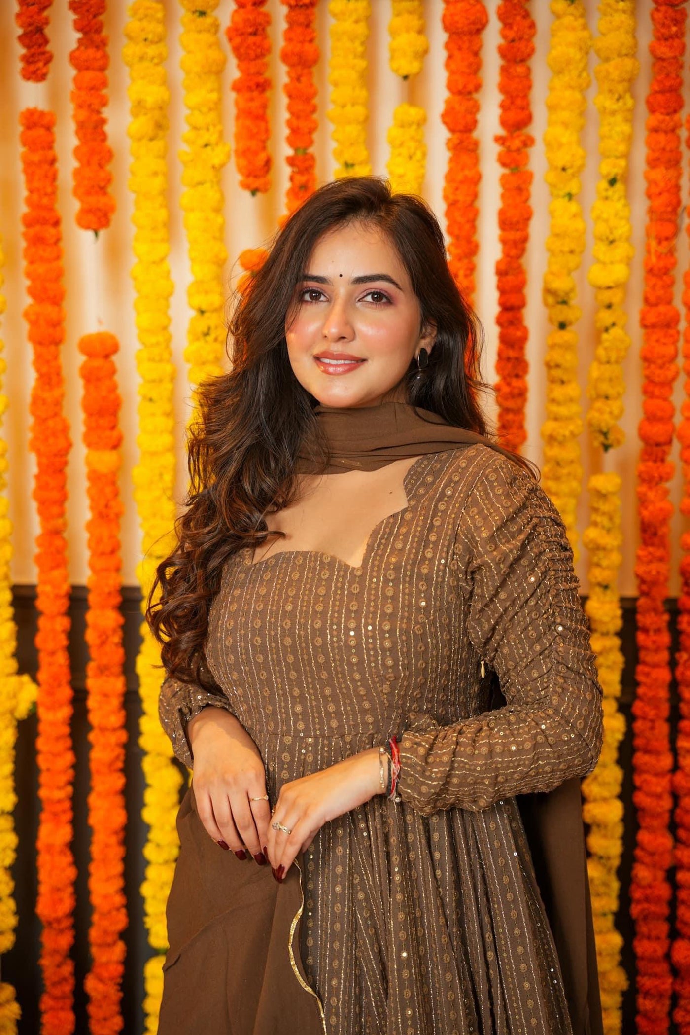 Embroidery Zari Sequins-work Faux Georgette Brown Gown with Dupatta