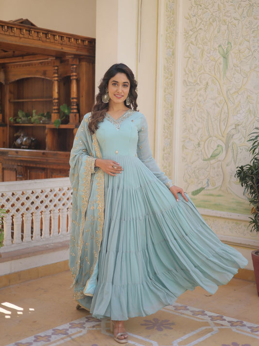 All Season Designer Embroidered Work Faux Georgette Sky Gown with Dupatta