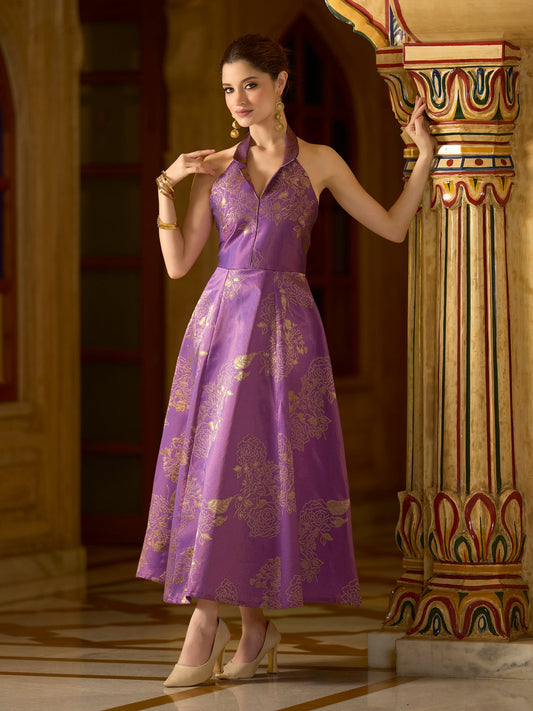 Purple Embellished Midi Length Sleeveless dress
