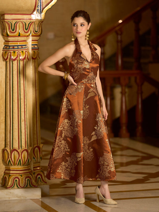 Brown Embellished Midi Length Sleeveless dress