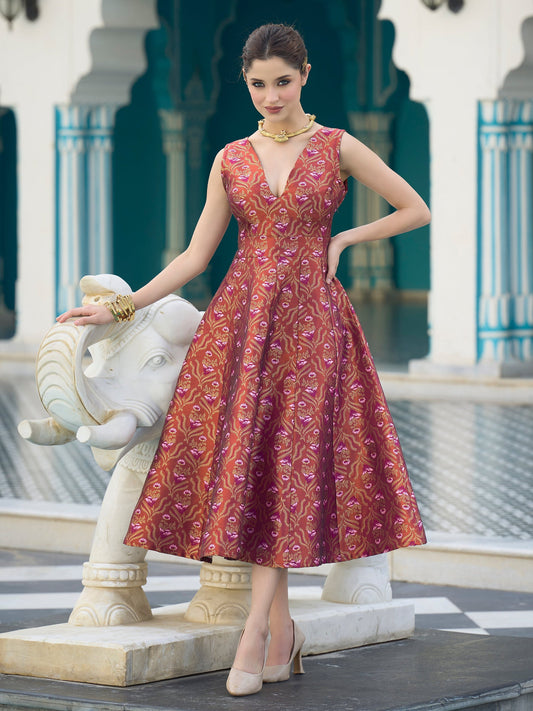 Brown Midi length Sleeveless Embellished Dress
