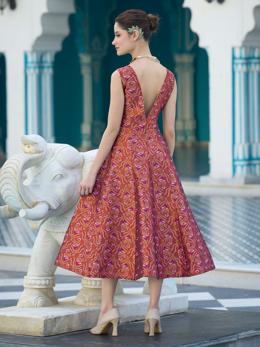 Brown Midi length Sleeveless Embellished Dress