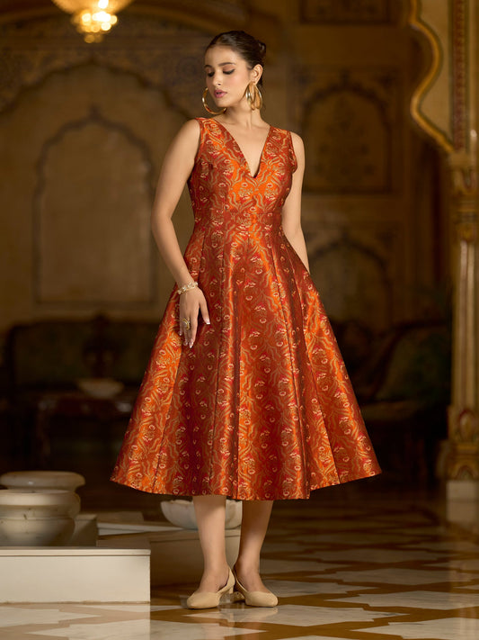 Rust Midi length Sleeveless Embellished Dress