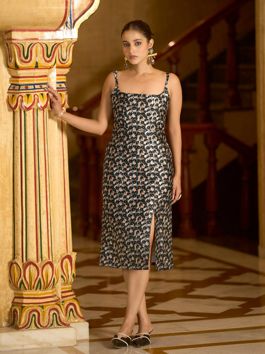 Black Sleeveless Midi Length Embellished Dress