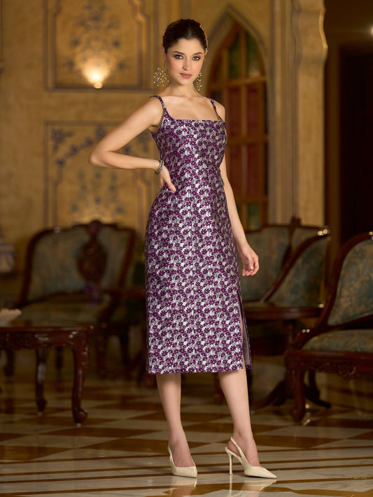 Wine Sleeveless Midi Length Embellished Dress