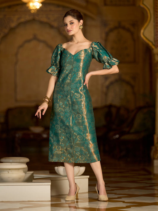 Teal Midi Length Embellished Puff Sleeve Dress