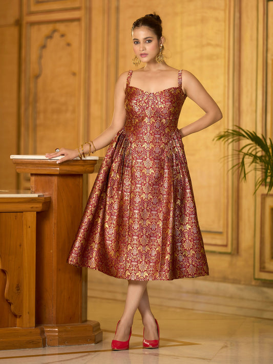 Maroon Sleeveless Emblished Midi Length Dress