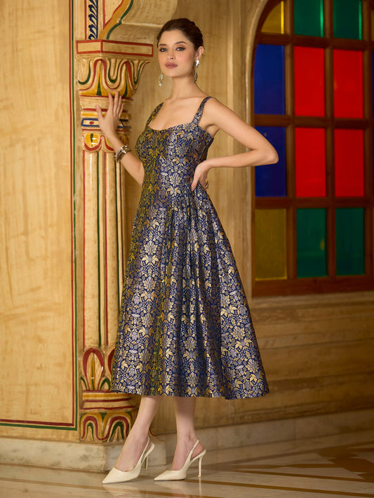 Navy Sleeveless Emblished Midi Length Dress