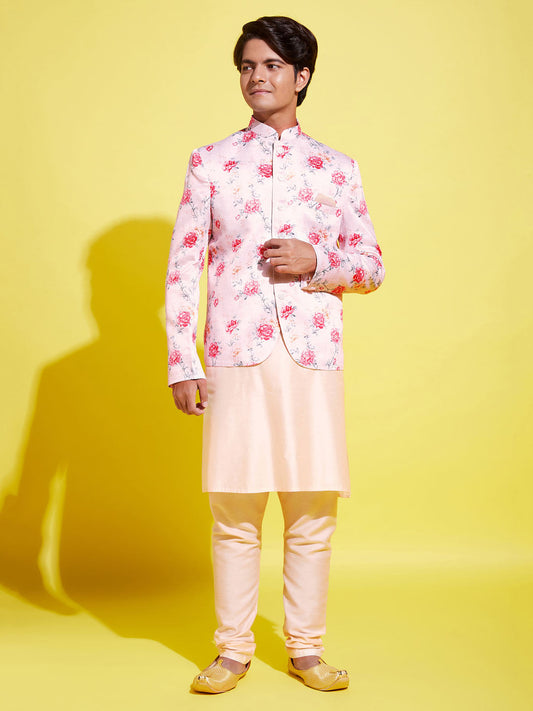 Floral Printed Peach Bandhgala Prince Coat Jodhpuri With Cream Kurta Pyjama Set
