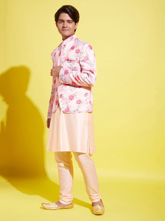 Floral Printed Peach Bandhgala Prince Coat Jodhpuri With Cream Kurta Pyjama Set