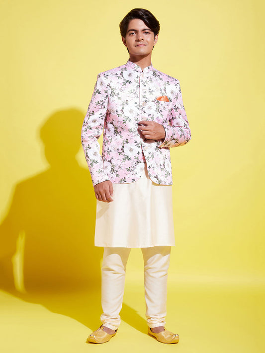 Floral Printed Pink Bandhgala Prince Coat Jodhpuri With Cream Kurta Pyjama Set