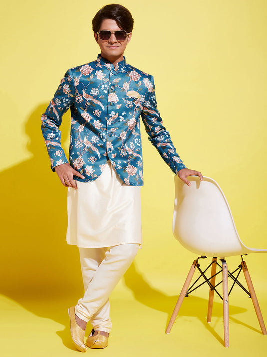 Floral Printed Turquoise Blue Bandhgala Prince Coat Jodhpuri With Cream Kurta Pyjama Set