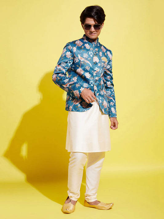 Floral Printed Turquoise Blue Bandhgala Prince Coat Jodhpuri With Cream Kurta Pyjama Set