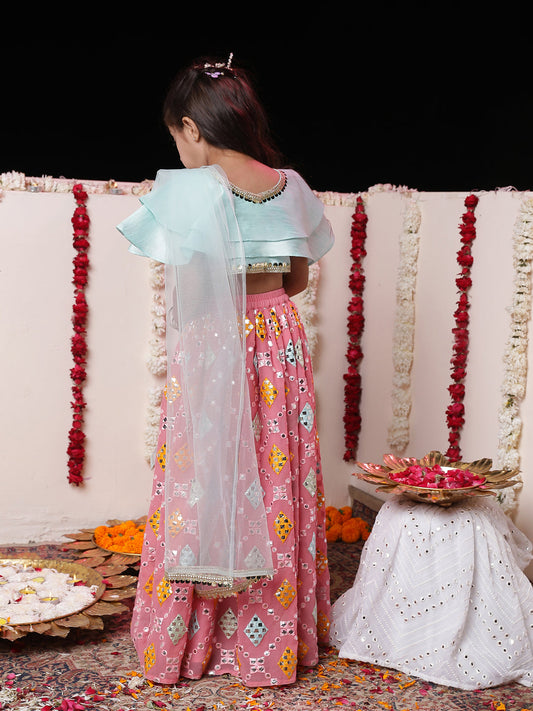 Girl's' Aqua And Pink Georgette Lehenga Set