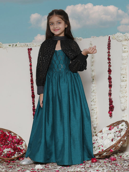 Girl's' Green Sequinced Long Dress With Detachable Cuff Sleeves