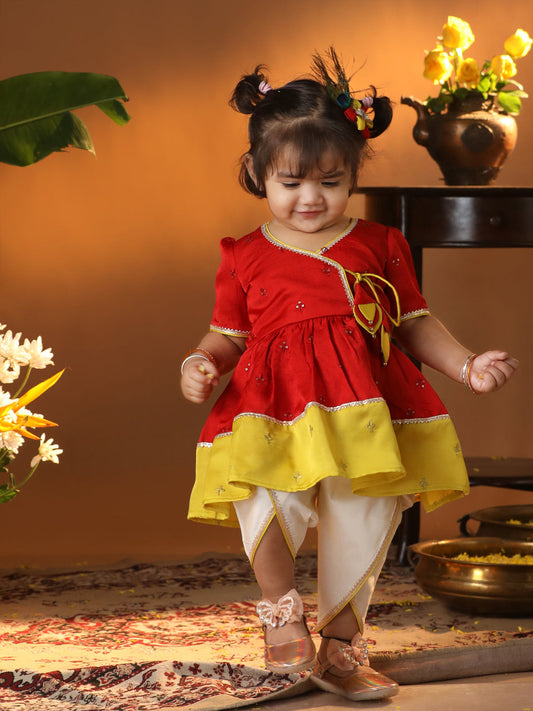 Girls' red and cream dhoti kurta set