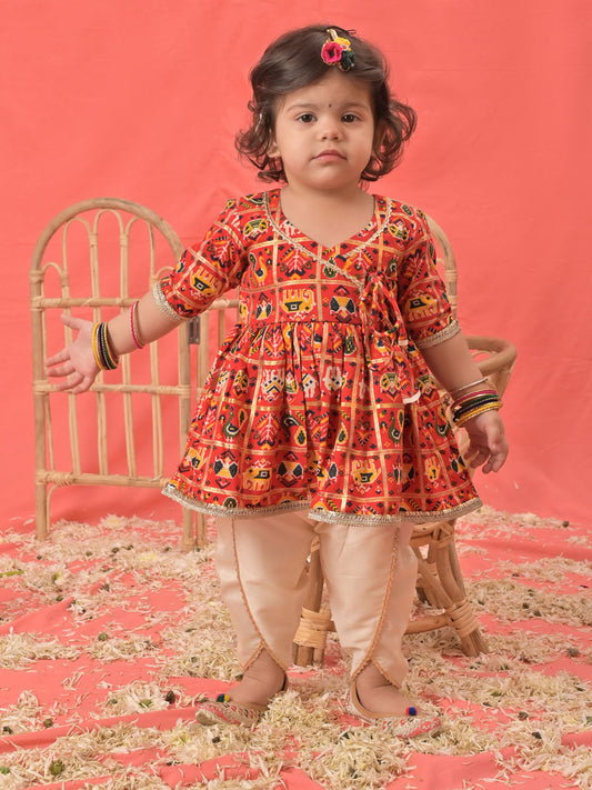 Girls' red angrakha style patola print kurta dhoti set