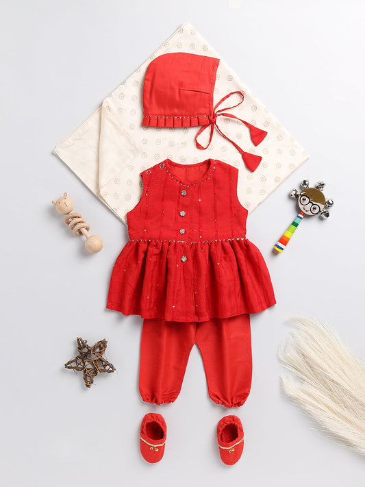 Girls' red chanderi ethnic combo set