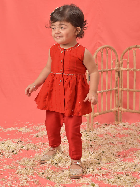 Girls' red cotton flock and dhoti set