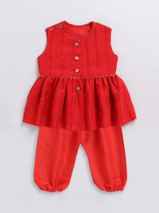 Girls' red cotton flock and dhoti set, view 3